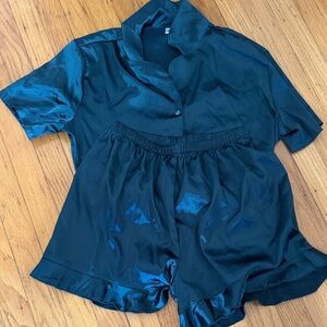Satin Short Pajama Set in Deep Teal